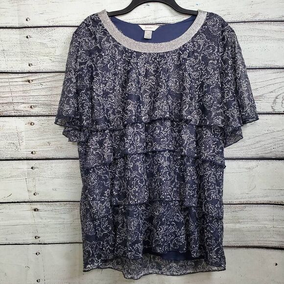 Cj Banks 2X Navy Floral Ruffle Tiered Blouse Top - Picture 1 of 8
